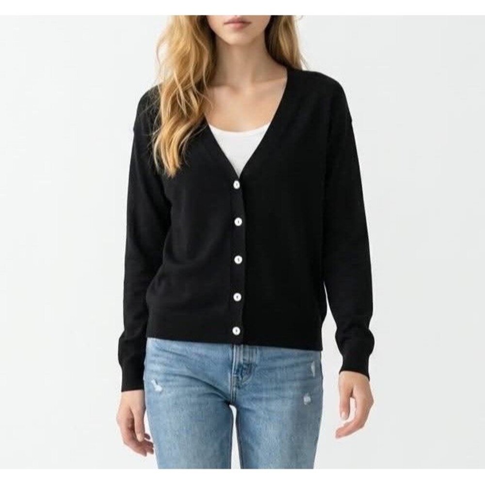 BLACK TAPE Womens Black Knit Long Sleeve V Neck Button Cardigan Small